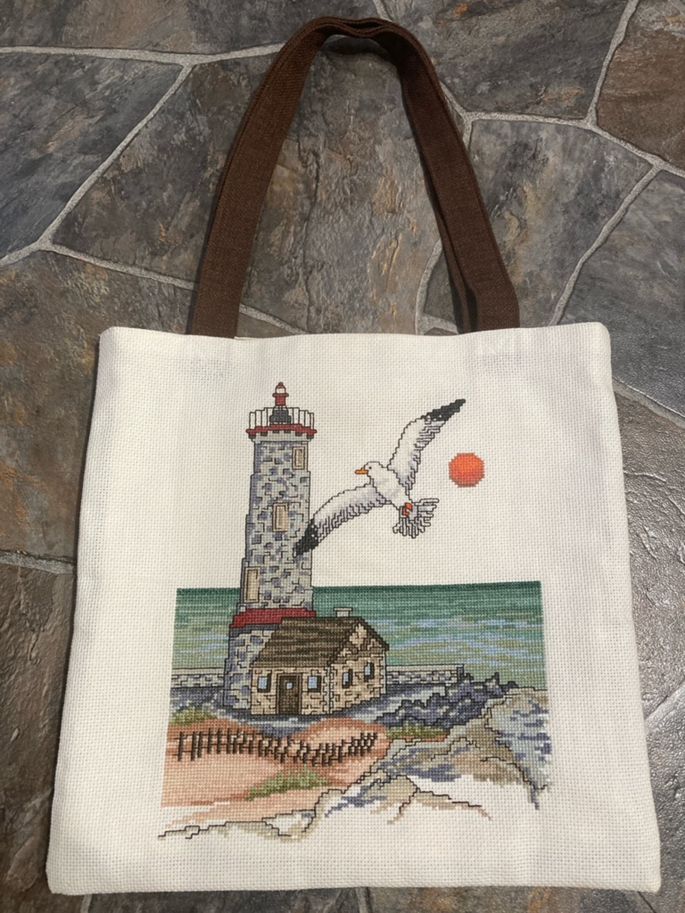 Handmade bookbag, Embroidered Lighthouse Tote Bag with Seagull. Beach Bag.